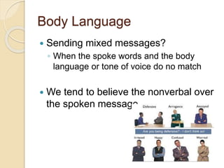 Body Language
 Sending mixed messages?
◦ When the spoke words and the body
language or tone of voice do no match
 We tend to believe the nonverbal over
the spoken message
 