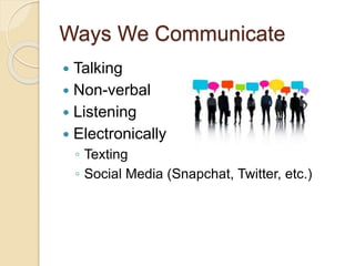 Ways We Communicate
 Talking
 Non-verbal
 Listening
 Electronically
◦ Texting
◦ Social Media (Snapchat, Twitter, etc.)
 