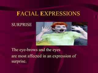 F ACIAL  E XPRESSIONS SURPRISE The eye-brows and the eyes are most affected in an expression of surprise. 