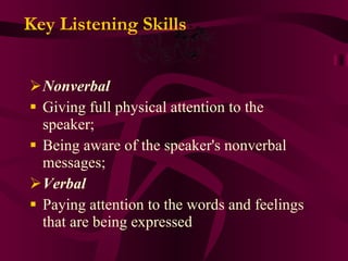 Nonverbal Giving full physical attention to the speaker; Being aware of the speaker's nonverbal messages; Verbal Paying attention to the words and feelings that are being expressed  Key Listening Skills   