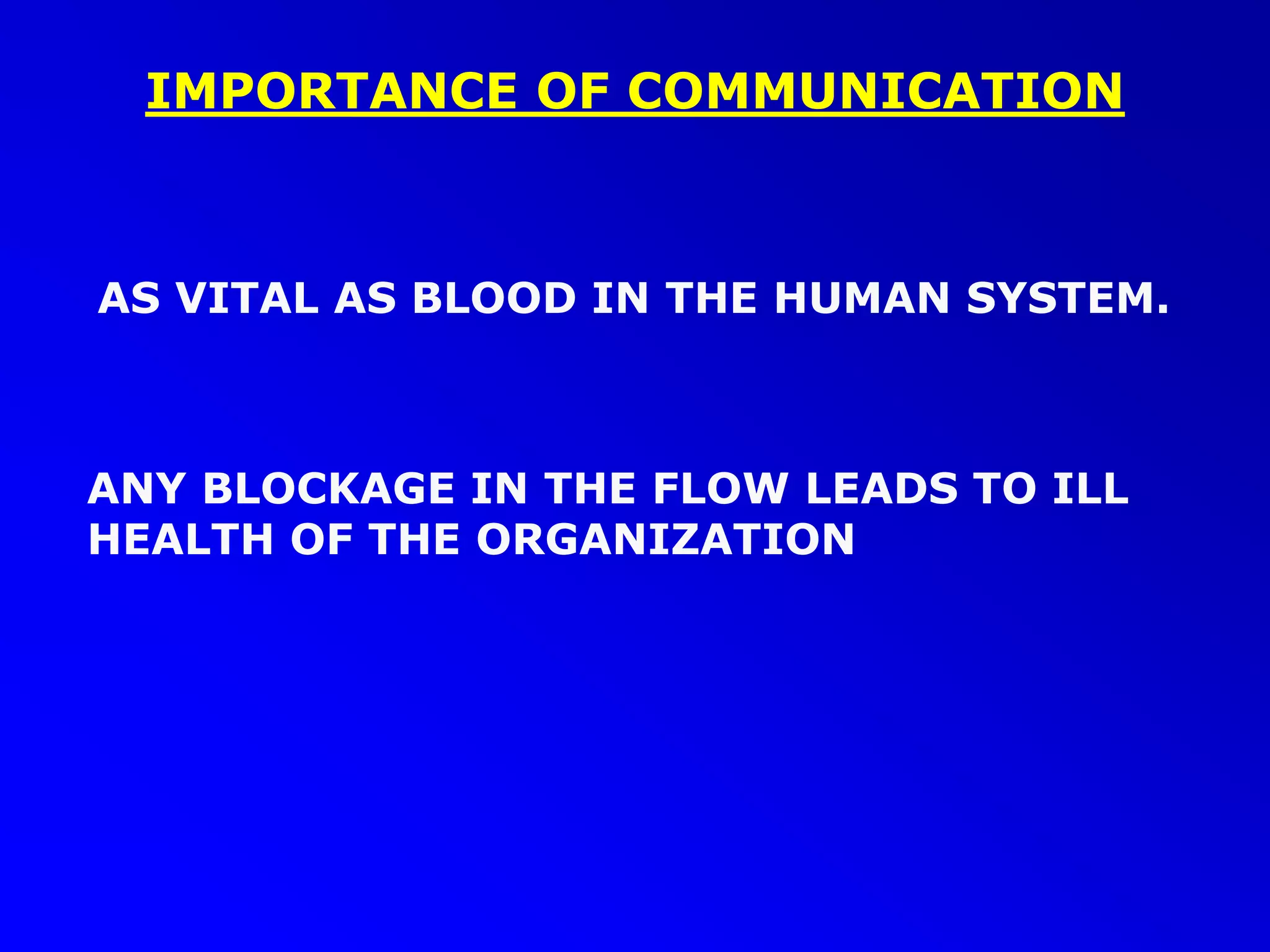 IMPORTANCE OF COMMUNICATION
AS VITAL AS BLOOD IN THE HUMAN SYSTEM.
ANY BLOCKAGE IN THE FLOW LEADS TO ILL
HEALTH OF THE ORGANIZATION
 