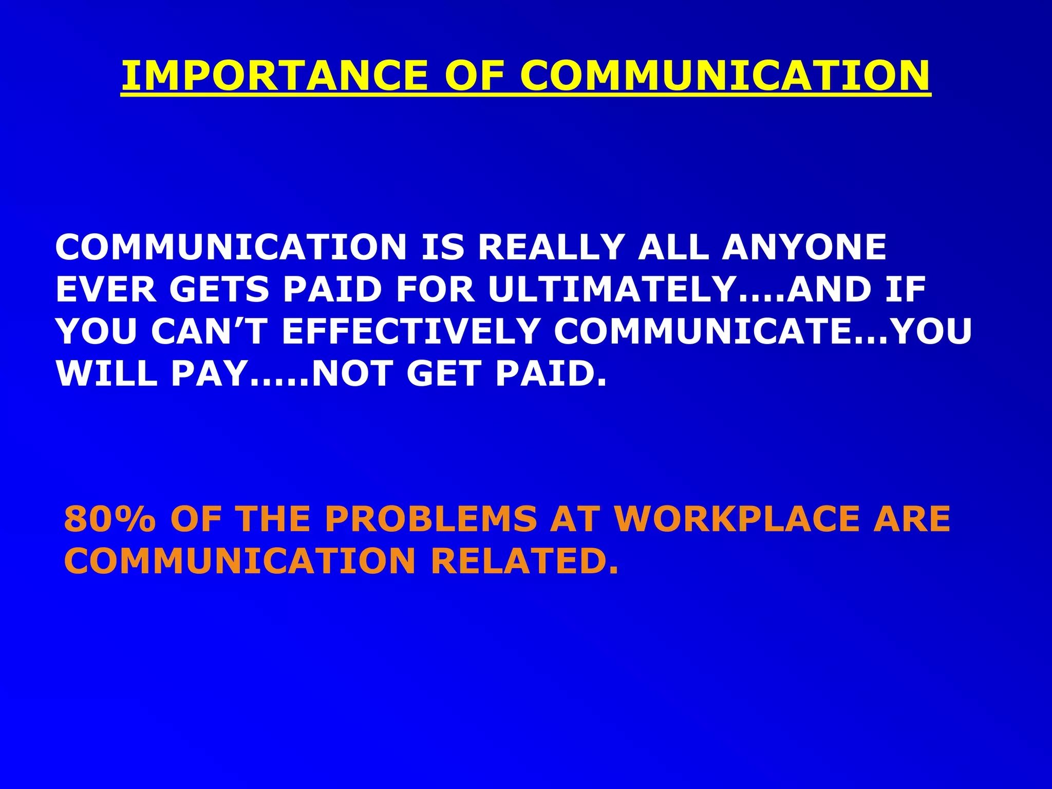 IMPORTANCE OF COMMUNICATION
COMMUNICATION IS REALLY ALL ANYONE
EVER GETS PAID FOR ULTIMATELY….AND IF
YOU CAN’T EFFECTIVELY COMMUNICATE…YOU
WILL PAY…..NOT GET PAID.
80% OF THE PROBLEMS AT WORKPLACE ARE
COMMUNICATION RELATED.
 