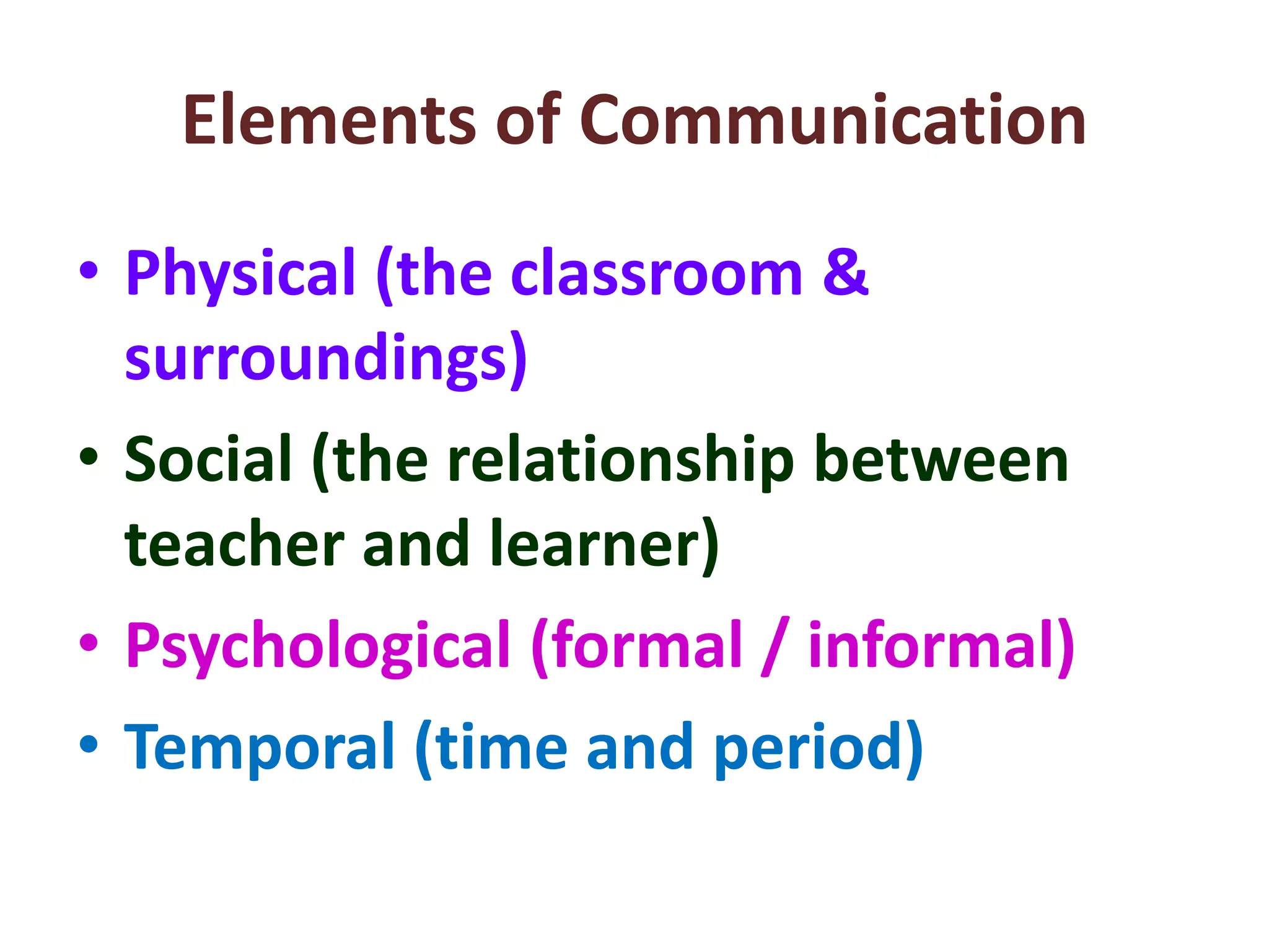 Elements of Communication
• Physical (the classroom &
surroundings)
• Social (the relationship between
teacher and learner)
• Psychological (formal / informal)
• Temporal (time and period)
 