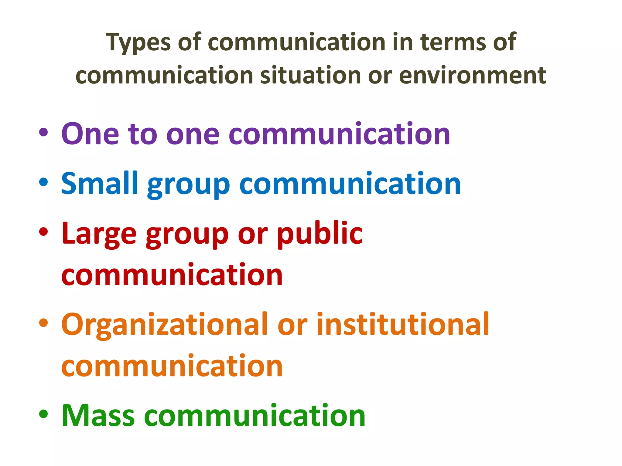 Types of communication in terms of
communication situation or environment
• One to one communication
• Small group communication
• Large group or public
communication
• Organizational or institutional
communication
• Mass communication
 
