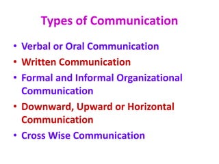 Types of Communication
• Verbal or Oral Communication
• Written Communication
• Formal and Informal Organizational
Communication
• Downward, Upward or Horizontal
Communication
• Cross Wise Communication
 