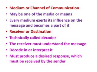• Medium or Channel of Communication
• May be one of the media or means
• Every medium exerts its influence on the
message and becomes a part of it
• Receiver or Destination
• Technically called decoder
• The receiver must understand the message
• Decode in or interpret it
• Must produce a desired response, which
must be received by the sender
 