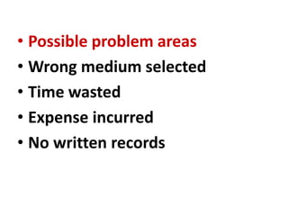 • Possible problem areas
• Wrong medium selected
• Time wasted
• Expense incurred
• No written records
 