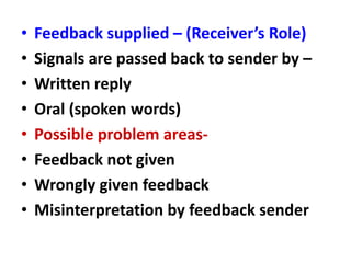 • Feedback supplied – (Receiver’s Role)
• Signals are passed back to sender by –
• Written reply
• Oral (spoken words)
• Possible problem areas-
• Feedback not given
• Wrongly given feedback
• Misinterpretation by feedback sender
 