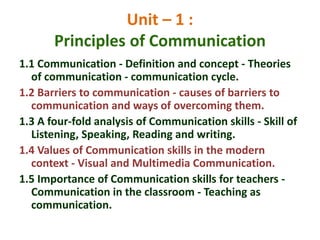 Unit – 1 :
Principles of Communication
1.1 Communication - Definition and concept - Theories
of communication - communication cycle.
1.2 Barriers to communication - causes of barriers to
communication and ways of overcoming them.
1.3 A four-fold analysis of Communication skills - Skill of
Listening, Speaking, Reading and writing.
1.4 Values of Communication skills in the modern
context - Visual and Multimedia Communication.
1.5 Importance of Communication skills for teachers -
Communication in the classroom - Teaching as
communication.
 