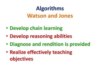 Algorithms
Watson and Jones
• Develop chain learning
• Develop reasoning abilities
• Diagnose and rendition is provided
• Realize effectively teaching
objectives
 