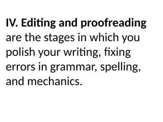 IV. Editing and proofreading
are the stages in which you
pol­
ish your writing, fixing
errors in grammar, spelling,
and mechanics.
 