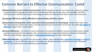 Physical barriers to non-verbal communication. Not being able to see the non-verbal cues, gestures, posture
and general body language can make communication less effective. Phone calls, text messages and other
communication methods that rely on technology are often less effective than face-to-face communication.
Language differences and the difficulty in understanding unfamiliar accents.
Expectations and prejudices which may lead to false assumptions or stereotyping. People often hear what
they expect to hear rather than what is actually said and jump to incorrect conclusions. Our page The Ladder of
Inference explains this in more detail.
Cultural differences. The norms of social interaction vary greatly in different cultures, as do the way in which
emotions are expressed. For example, the concept of personal space varies between cultures and between
different social settings. See our page on Intercultural Awareness for more information
Attitudinal Barriers: may result from personality conflicts, poor management, resistance to change or a lack of
motivation. To be an effective receiver of messages you should attempt to overcome your own attitudinal
barriers to to help ensure more effective communication.
Common Barriers to Effective Communication: Contd’
 