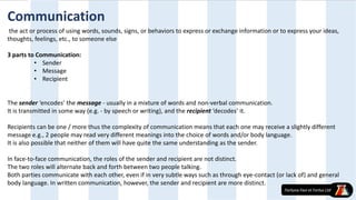 Communication
the act or process of using words, sounds, signs, or behaviors to express or exchange information or to express your ideas,
thoughts, feelings, etc., to someone else
3 parts to Communication:
• Sender
• Message
• Recipient
The sender ‘encodes’ the message - usually in a mixture of words and non-verbal communication.
It is transmitted in some way (e.g. - by speech or writing), and the recipient ‘decodes’ it.
Recipients can be one / more thus the complexity of communication means that each one may receive a slightly different
message e.g., 2 people may read very different meanings into the choice of words and/or body language.
It is also possible that neither of them will have quite the same understanding as the sender.
In face-to-face communication, the roles of the sender and recipient are not distinct.
The two roles will alternate back and forth between two people talking.
Both parties communicate with each other, even if in very subtle ways such as through eye-contact (or lack of) and general
body language. In written communication, however, the sender and recipient are more distinct.
 