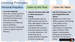 • Try to be impartial
• Don't be irritated and don't
let the person’s habits or
mannerisms distract you
from the message. -
Everybody has a different
way of speaking –
• Focus on what is being said
and try to ignore styles of
delivery.
• Volume and tone both add
to what someone is
saying.
• A good speaker will use
both volume and tone to
their advantage to keep an
audience attentive;
everybody will use pitch,
tone and volume of voice
in certain situations – let
these help you to
understand the emphasis
of what is being said
• Get the full picture, not
just isolated bits and
pieces.
• Maybe one of the most
difficult aspects of listening
is the ability to link
together pieces of
information to reveal the
ideas of others. With
proper concentration,
letting go of distractions,
and focus this becomes
easier.
Personal Prejudice Listen to the Tone Listen for Ideas
Listening Principles
 