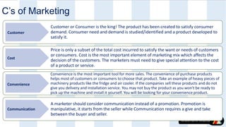 Customer or Consumer is the king! The product has been created to satisfy consumer
demand. Consumer need and demand is studied/identified and a product developed to
satisfy it.
Price is only a subset of the total cost incurred to satisfy the want or needs of customers
or consumers. Cost is the most important element of marketing mix which affects the
decision of the customers. The marketers must need to give special attention to the cost
of a product or service.
Convenience is the most important tool for more sales. The convenience of purchase products
helps most of customers or consumers to choose that product. Take an example of heavy pieces of
machinery products like the fridge and air cooler. If the companies sell these products and do not
give you delivery and installation service. You may not buy the product as you won’t be ready to
pick up the machine and install it yourself. You will be looking for your convenience product.
A marketer should consider communication instead of a promotion. Promotion is
manipulative, it starts from the seller while Communication requires a give and take
between the buyer and seller.
Customer
Cost
Convenience
Communication
C’s of Marketing
 