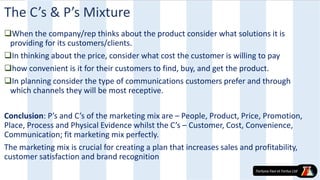 The C’s & P’s Mixture
When the company/rep thinks about the product consider what solutions it is
providing for its customers/clients.
In thinking about the price, consider what cost the customer is willing to pay
how convenient is it for their customers to find, buy, and get the product.
In planning consider the type of communications customers prefer and through
which channels they will be most receptive.
Conclusion: P’s and C’s of the marketing mix are – People, Product, Price, Promotion,
Place, Process and Physical Evidence whilst the C’s – Customer, Cost, Convenience,
Communication; fit marketing mix perfectly.
The marketing mix is crucial for creating a plan that increases sales and profitability,
customer satisfaction and brand recognition
 