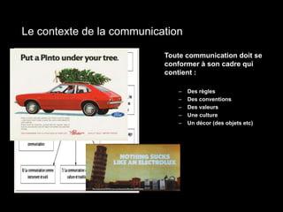 Le contexte de la communication 
Toute communication doit se 
conformer à son cadre qui 
contient : 
– Des règles 
– Des conventions 
– Des valeurs 
– Une culture 
– Un décor (des objets etc) 
 