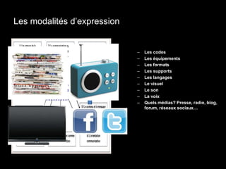Les modalités d’expression 
– Les codes 
– Les équipements 
– Les formats 
– Les supports 
– Les langages 
– Le visuel 
– Le son 
– La voix 
– Quels médias? Presse, radio, blog, 
forum, réseaux sociaux… 
 
