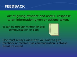 FEEDBACK Art of giving efficient and useful  response to an information given or actions taken. It can be through written or oral communication or both One must always know why you want to give feedback or receive it as communication is always Result Oriented 