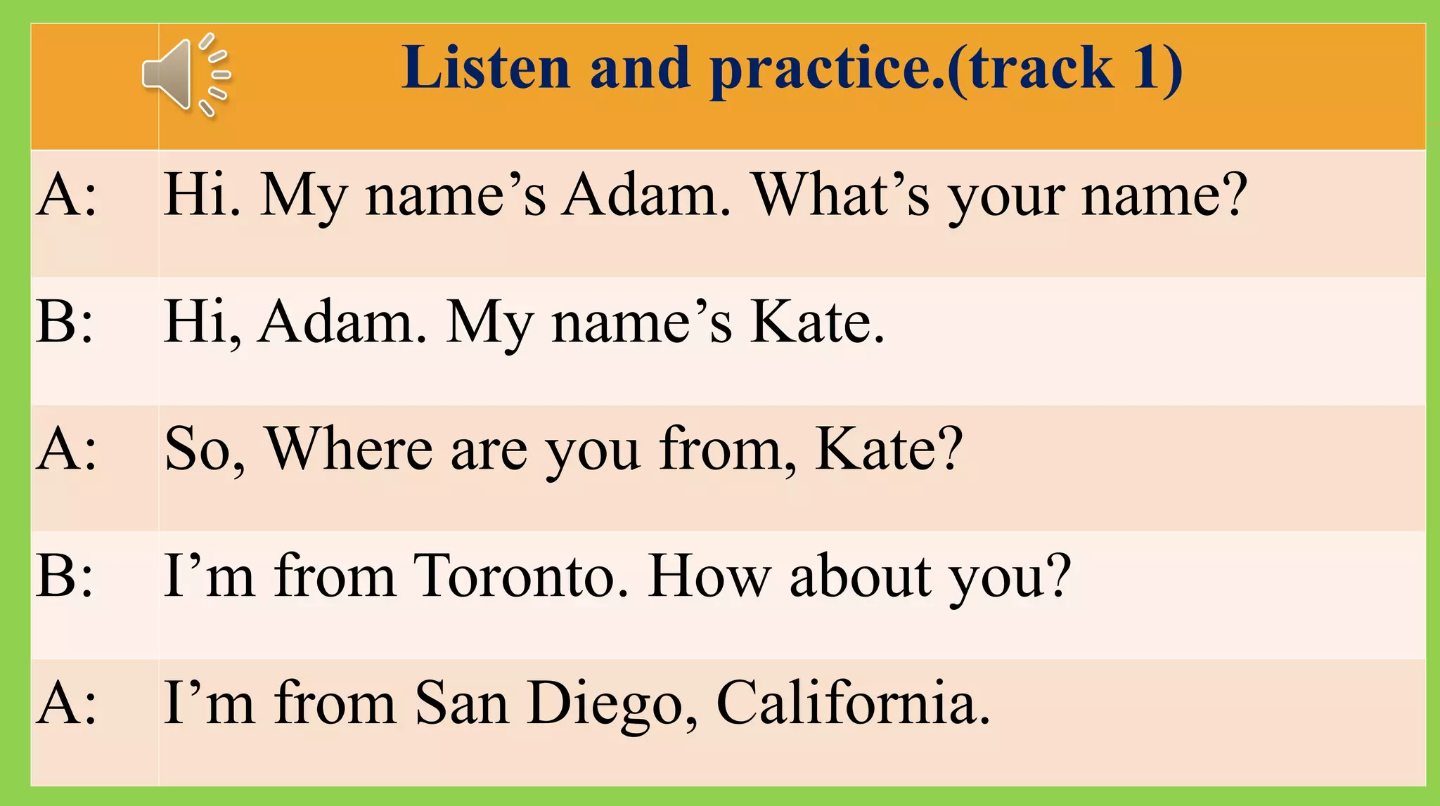 Listen and practice.(track 1)
A: Hi. My name’s Adam. What’s your name?
B: Hi, Adam. My name’s Kate.
A: So, Where are you from, Kate?
B: I’m from Toronto. How about you?
A: I’m from San Diego, California.
 