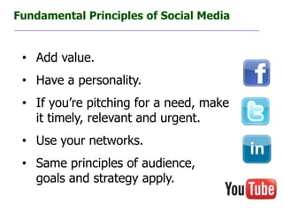 Fundamental Principles of Social Media


 • Add value.
 • Have a personality.
 • If you’re pitching for a need, make
   it timely, relevant and urgent.
 • Use your networks.
 • Same principles of audience,
   goals and strategy apply.
 