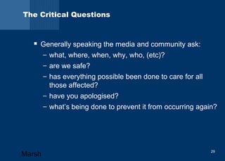 The Critical Questions 
 Generally speaking the media and community ask: 
– what, where, when, why, who, (etc)? 
– are we safe? 
– has everything possible been done to care for all 
those affected? 
– have you apologised? 
– what’s being done to prevent it from occurring again? 
Marsh 29 
 