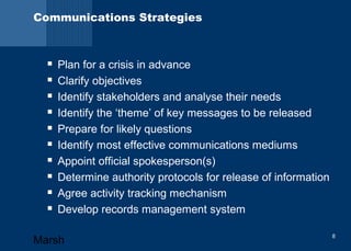Communications Strategies 
 Plan for a crisis in advance 
 Clarify objectives 
 Identify stakeholders and analyse their needs 
 Identify the ‘theme’ of key messages to be released 
 Prepare for likely questions 
 Identify most effective communications mediums 
 Appoint official spokesperson(s) 
 Determine authority protocols for release of information 
 Agree activity tracking mechanism 
 Develop records management system 
Marsh 8 
 