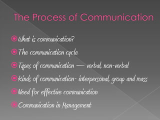 What is communication?
The communication cycle
Types of communication – verbal, non-verbal
Kinds of communication- interpersonal, group and mass
Need for effective communication
Communication in Management
 