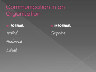  Formal
Vertical
Horizontal
Lateral
 Informal
Grapevine
 
