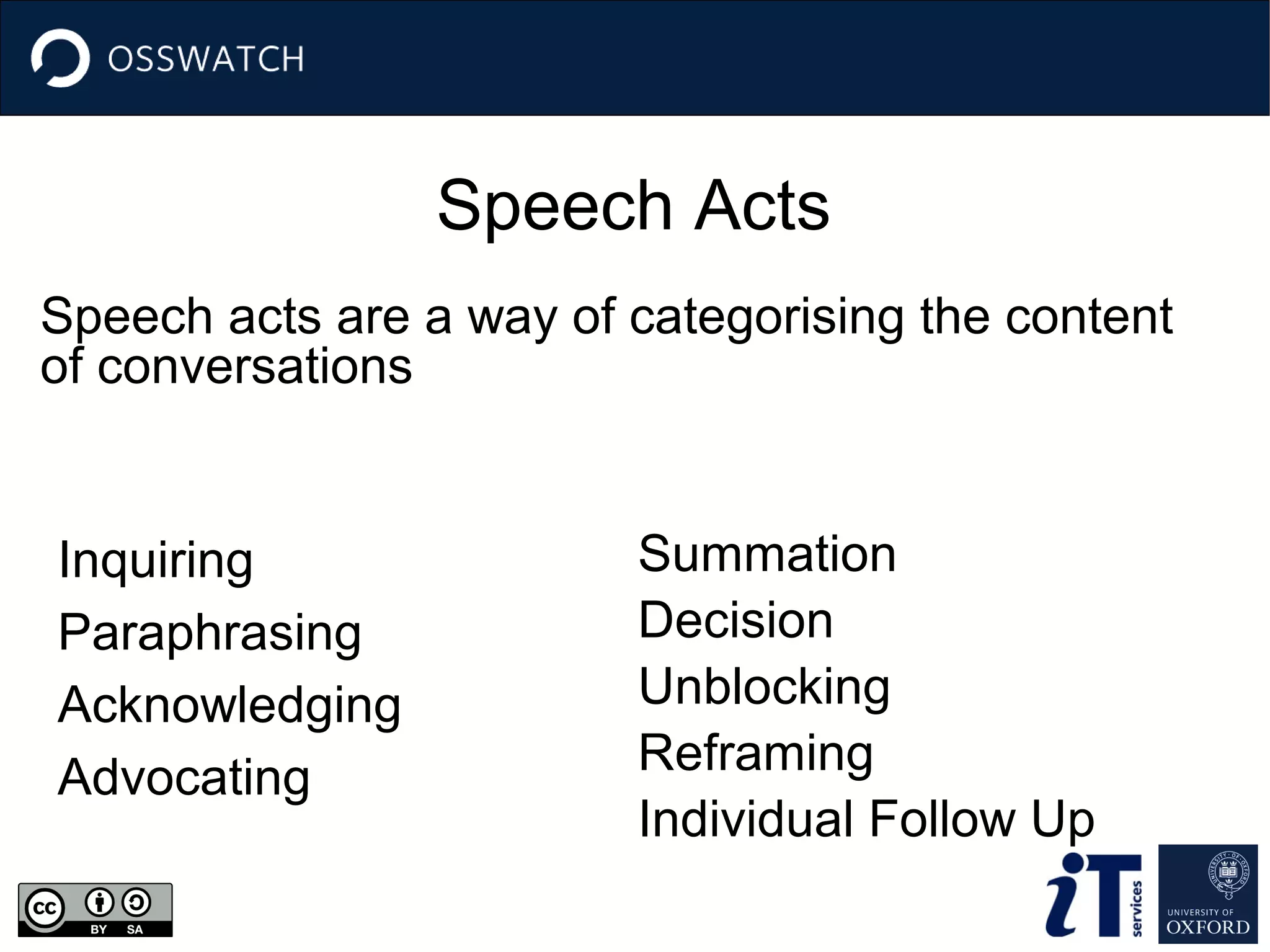 Speech Acts
Speech acts are a way of categorising the content
of conversations

Inquiring
Paraphrasing
Acknowledging
Advocating

Summation
Decision
Unblocking
Reframing
Individual Follow Up

 