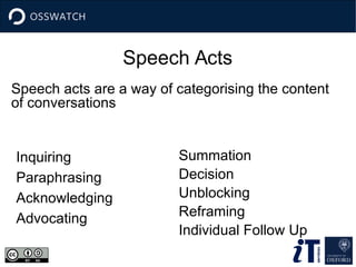 Speech Acts
Inquiring
Paraphrasing
Acknowledging
Advocating
Speech acts are a way of categorising the content
of conversations
Summation
Decision
Unblocking
Reframing
Individual Follow Up
 