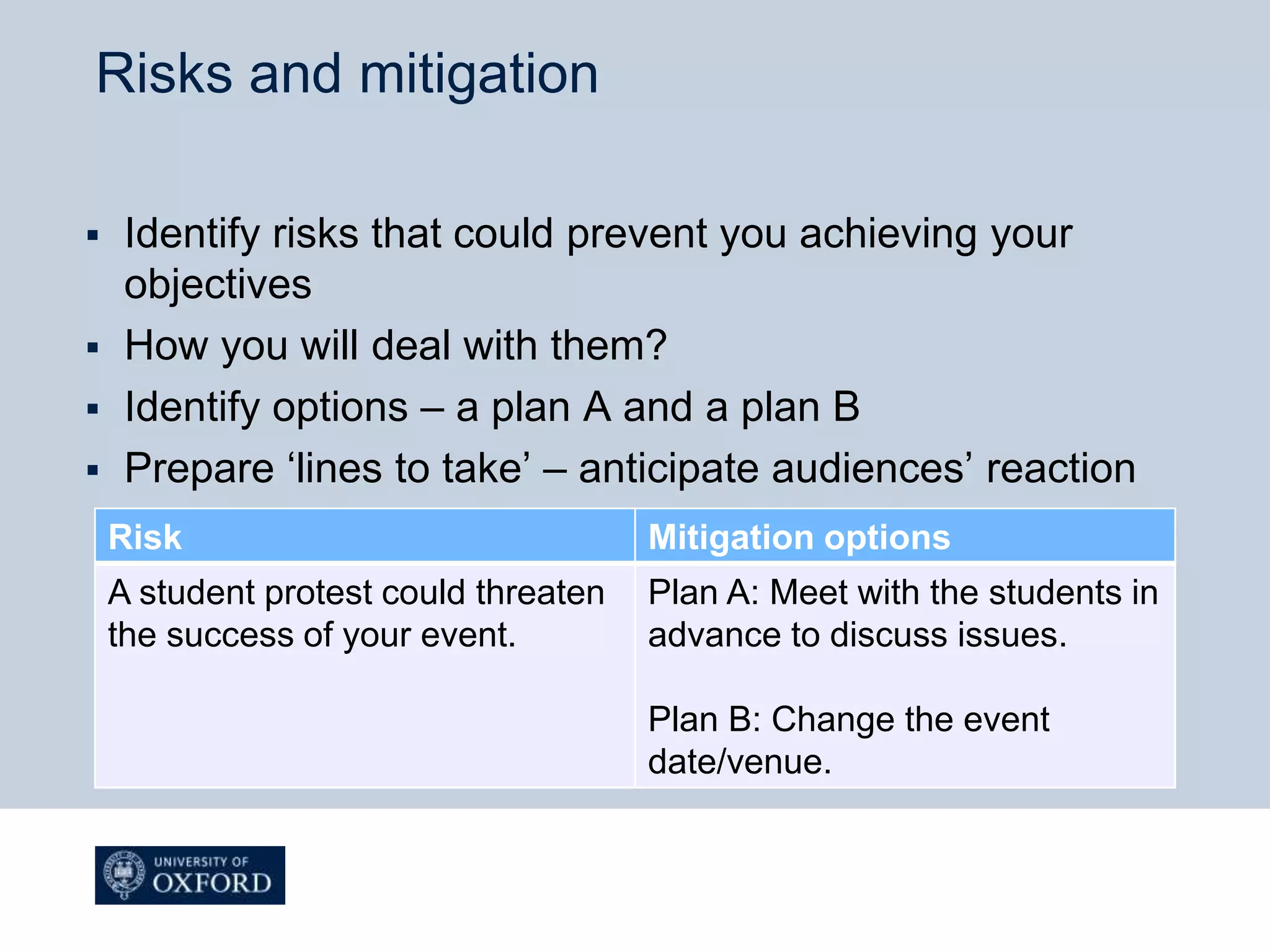 Risks and mitigation
 Identify risks that could prevent you achieving your
objectives
 How you will deal with them?
 Identify options – a plan A and a plan B
 Prepare ‘lines to take’ – anticipate audiences’ reaction
Risk Mitigation options
A student protest could threaten
the success of your event.
Plan A: Meet with the students in
advance to discuss issues.
Plan B: Change the event
date/venue.
 