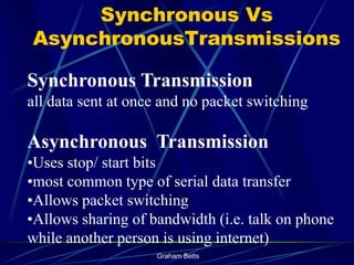 Synchronous Vs
AsynchronousTransmissions

Synchronous Transmission
all data sent at once and no packet switching

Asynchronous Transmission
•Uses stop/ start bits
•most common type of serial data transfer
•Allows packet switching
•Allows sharing of bandwidth (i.e. talk on phone
while another person is using internet)
                    Graham Betts
 