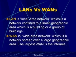 LANs Vs WANs
LAN is “local Area network” which is a
network confined to a small geographic
area which is a building or a group of
buildings.
WAN is “wide area network” which is a
network spread over a large geographic
area. The largest WAN is the internet.


               Graham Betts
 
