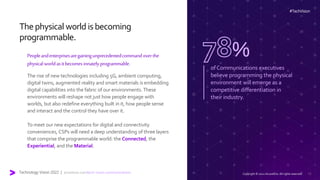 Technology Vision 2022 | accenture.com/tech-vision-communications
#TechVision
Thephysical worldisbecoming
programmable.
Peopleandenterprisesaregainingunprecedentedcommandoverthe
physicalworldasitbecomesinnatelyprogrammable.
The rise of new technologies including 5G, ambient computing,
digital twins, augmented reality and smart materials is embedding
digital capabilities into the fabric of our environments.These
environments will reshape not just how people engage with
worlds, but also redefine everything built in it, how people sense
and interact and the control they have over it.
To meet our new expectations for digital and connectivity
conveniences, CSPs will need a deep understanding of three layers
that comprise the programmable world: the Connected, the
Experiential, and the Material.
#TechVision
ofCommunications executives
believe programming the physical
environment will emerge as a
competitive differentiation in
their industry.
%
13
Copyright © 2022 Accenture. All rights reserved.
 