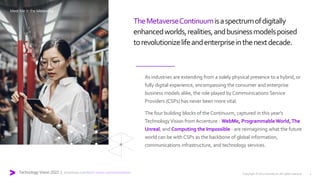TheMetaverseContinuumisaspectrumofdigitally
enhancedworlds,realities,andbusinessmodelspoised
torevolutionizelifeandenterpriseinthenextdecade.
As industries are extending from a solely physical presence to a hybrid, or
fully digital experience, encompassing the consumer and enterprise
business models alike, the role played by Communications Service
Providers (CSPs) has never been more vital.
The four building blocks of theContinuum, captured in this year's
TechnologyVision fromAccenture - WebMe, Programmable World,The
Unreal, and Computing the Impossible - are reimagining what the future
world can be with CSPs as the backbone of global information,
communications infrastructure, and technology services.
Meet Me in the Metaverse
Technology Vision 2022 | accenture.com/tech-vision-communications Copyright © 2022 Accenture. All rights reserved. 2
 