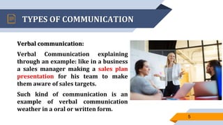 TYPES OF COMMUNICATION
Verbal communication:
Verbal Communication explaining
through an example: like in a business
a sales manager making a sales plan
presentation for his team to make
them aware of sales targets.
Such kind of communication is an
example of verbal communication
weather in a oral or written form.
5
 