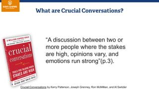 Crucial Conversations by Kerry Patterson, Joseph Grenney, Ron McMillian, and Al Switzler
“A discussion between two or
more people where the stakes
are high, opinions vary, and
emotions run strong”(p.3).
 