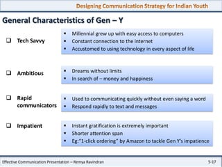 General Characteristics of Gen – Y
 Tech Savvy





Millennial grew up with easy access to computers
Constant connection to the internet
Accustomed to using technology in every aspect of life

 Ambitious




Dreams without limits
In search of – money and happiness

 Rapid
communicators




Used to communicating quickly without even saying a word
Respond rapidly to text and messages

 Impatient





Instant gratification is extremely important
Shorter attention span
Eg:“1-click ordering” by Amazon to tackle Gen Y’s impatience

Effective Communication Presentation – Remya Ravindran

5-17

 