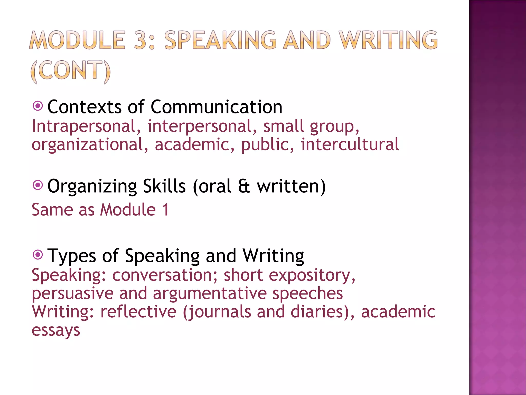 Contexts of Communication Intrapersonal, interpersonal, small group,  organizational, academic, public, intercultural Organizing Skills (oral & written) Same as Module 1 Types of Speaking and Writing Speaking: conversation; short expository, persuasive and argumentative speeches Writing: reflective (journals and diaries), academic  essays 