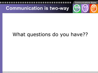 Communications Styles
Communication is two-way
What questions do you have??
 