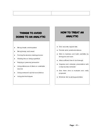 THINGS TO AVOID 
DOING TO AN ANALYTIC 
HOW TO TREAT AN 
ANALYTIC 
¨ Being chaotic and impulsive 
¨ Being breezy and casual 
¨ Forcing the decision-making process 
¨ Wasting time or being superficial 
¨ Relying on personal persuasion 
¨ Using references of others or unreliable 
sources 
¨ Using someone’s opinion as evidence 
¨ Using slick techniques 
¨ Give accurate, logical data 
¨ Provide solid, practical evidence 
¨ Stick to business and build credibility by 
listing pros and cons 
¨ Allow sufficient time to be thorough 
¨ Organise and schedule presentation with 
a step-by-step schedule 
¨ Give them time to evaluate and verify 
proposals 
¨ Minimise risk by giving guarantees 
Page - 11 - 
 