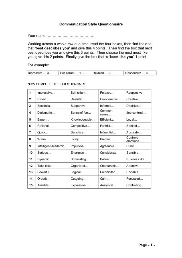 Communication Styles Questionnaire Plus Analysis Communication Styles Questionnaire Plus Analysis