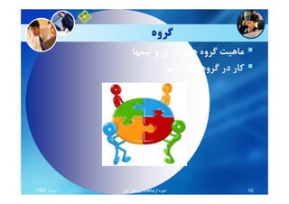 ‫ﮔﺮوه‬
‫ﺗﻴﻤﻬﺎ‬ ‫و‬ ‫ﻛﺎري‬ ‫ﻫﺎي‬ ‫ﮔﺮوه‬ ‫ﻣﺎﻫﻴﺖ‬
‫ﺗﻴﻤﻬﺎ‬ ‫و‬ ‫ﮔﺮوﻫﻬﺎ‬ ‫در‬ ‫ﻛﺎر‬
‫ﻣﻬﺮﻣﺎه‬1390 ‫اول‬ ‫وﻳﺮاﻳﺶ‬ ‫ارﺗﺒﺎﻃﺎت‬ ‫دوره‬ 10
 