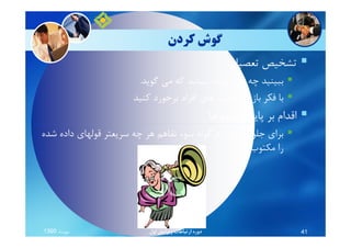 ‫ﻛﺮدن‬ ‫ﮔﻮش‬
‫ﺗﻌﺼﺒﺎت‬ ‫ﺗﺸﺨﻴﺺ‬
‫ﮔﻮﻳﺪ‬ ‫ﻣﻲ‬ ‫ﻛﻪ‬ ‫ﻧﺒﻴﻨﻴﺪ‬ ،‫ﮔﻮﻳﺪ‬ ‫ﻣﻲ‬ ‫ﭼﻪ‬ ‫ﺑﺒﻴﻨﻴﺪ‬.
‫ﻛﻨﻴﺪ‬ ‫ﺑﺮﺧﻮرد‬ ‫اﻓﺮاد‬ ‫ﻫﺎي‬ ‫ﺻﺤﺒﺖ‬ ‫ﺑﺎ‬ ‫ﺑﺎز‬ ‫ﻓﻜﺮ‬ ‫ﺑﺎ‬
‫ﻫﺎ‬ ‫ﺷﻨﻴﺪه‬ ‫ﭘﺎﻳﻪ‬ ‫ﺑﺮ‬ ‫اﻗﺪام‬‫ﻫﺎ‬ ‫ﺷﻨﻴﺪه‬ ‫ﭘﺎﻳﻪ‬ ‫ﺑﺮ‬ ‫اﻗﺪام‬
‫ﺷﺪه‬ ‫داده‬ ‫ﻗﻮﻟﻬﺎي‬ ‫ﺳﺮﻳﻌﺘﺮ‬ ‫ﭼﻪ‬ ‫ﻫﺮ‬ ‫ﺗﻔﺎﻫﻢ‬ ‫ﺳﻮء‬ ‫ﻫﺮﮔﻮﻧﻪ‬ ‫از‬ ‫ﺟﻠﻮﮔﻴﺮي‬ ‫ﺑﺮاي‬
‫ﻛﻨﻴﺪ‬ ‫ﻣﻜﺘﻮب‬ ‫را‬.
‫ﻣﻬﺮﻣﺎه‬1390 ‫اول‬ ‫وﻳﺮاﻳﺶ‬ ‫ارﺗﺒﺎﻃﺎت‬ ‫دوره‬ 41
 