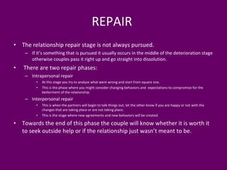REPAIR  The relationship repair stage is not always pursued.  If it’s something that is pursued it usually occurs in the middle of the deterioration stage otherwise couples pass it right up and go straight into dissolution.  There are two repair phases: Intrapersonal repair At this stage you try to analyze what went wrong and start from square one.  This is the phase where you might consider changing behaviors and  expectations to compromise for the betterment of the relationship  Interpersonal repair This is when the partners will begin to talk things out, let the other know if you are happy or not with the changes that are taking place or are not taking place.  This is the stage where new agreements and new behaviors will be created.  Towards the end of this phase the couple will know whether it is worth it to seek outside help or if the relationship just wasn’t meant to be.  