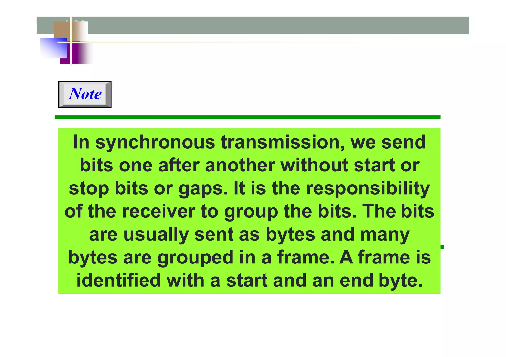 4.60
In synchronous transmission, we send
bits one after another without start or
stop bits or gaps. It is the responsibility
of the receiver to group the bits. The bits
are usually sent as bytes and many
bytes are grouped in a frame. A frame is
identified with a start and an end byte.
Note
 