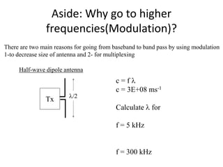 Aside: Why go to higher
frequencies(Modulation)?
Tx l/2
Half-wave dipole antenna
c = f l
c = 3E+08 ms-1
Calculate l for
f = 5 kHz
f = 300 kHz
There are two main reasons for going from baseband to band pass by using modulation
1-to decrease size of antenna and 2- for multiplexing
 