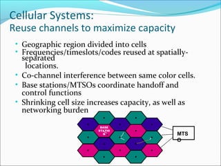 Cellular Systems:
Reuse channels to maximize capacity
• Geographic region divided into cells
• Frequencies/timeslots/codes reused at spatially-
separated
locations.
• Co-channel interference between same color cells.
• Base stations/MTSOs coordinate handoff and
control functions
• Shrinking cell size increases capacity, as well as
networking burden
BASE
STATIO
N MTS
O
 