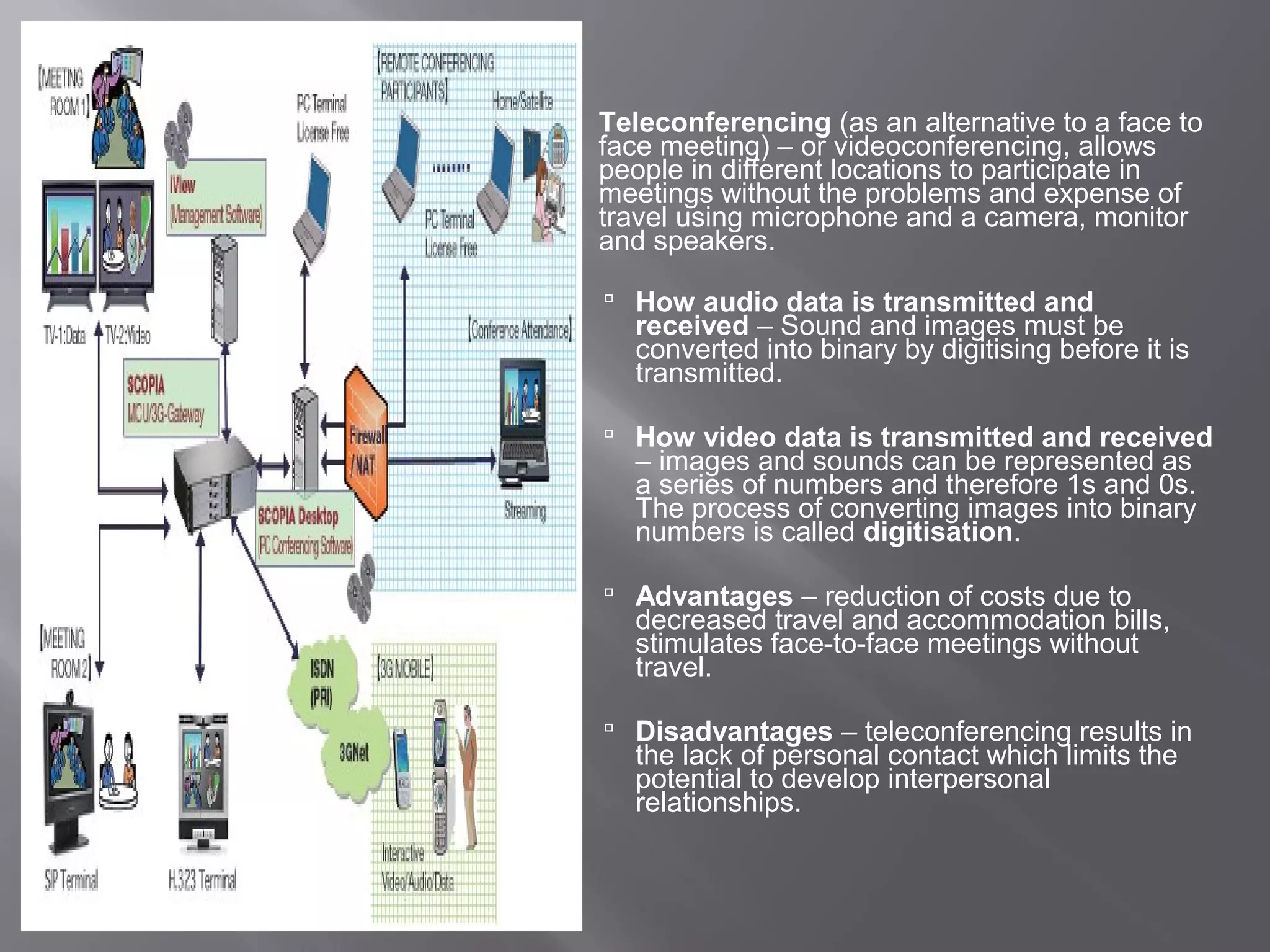    Teleconferencing (as an alternative to a face to
    face meeting) – or videoconferencing, allows
    people in different locations to participate in
    meetings without the problems and expense of
    travel using microphone and a camera, monitor
    and speakers.

     How audio data is transmitted and
      received – Sound and images must be
      converted into binary by digitising before it is
      transmitted.

     How video data is transmitted and received
      – images and sounds can be represented as
      a series of numbers and therefore 1s and 0s.
      The process of converting images into binary
      numbers is called digitisation.

     Advantages – reduction of costs due to
      decreased travel and accommodation bills,
      stimulates face-to-face meetings without
      travel.

     Disadvantages – teleconferencing results in
      the lack of personal contact which limits the
      potential to develop interpersonal
      relationships.
 